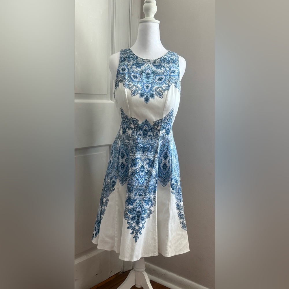 Maggy London Blue and White A-Line Knee Length Dress.